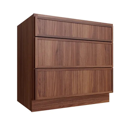 Studio Walnut three drawer base cabinet, 24" W x 34.5" H x 24" D, ViaWood Cabinets item DB24-3