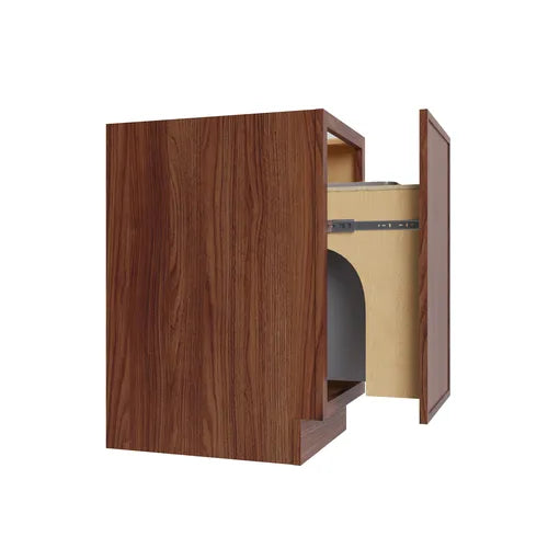 Studio Walnut trash can base cabinet with one 50-quart can, 18" W x 34.5" H x 24" D, ViaWood Cabinets item TRB-1