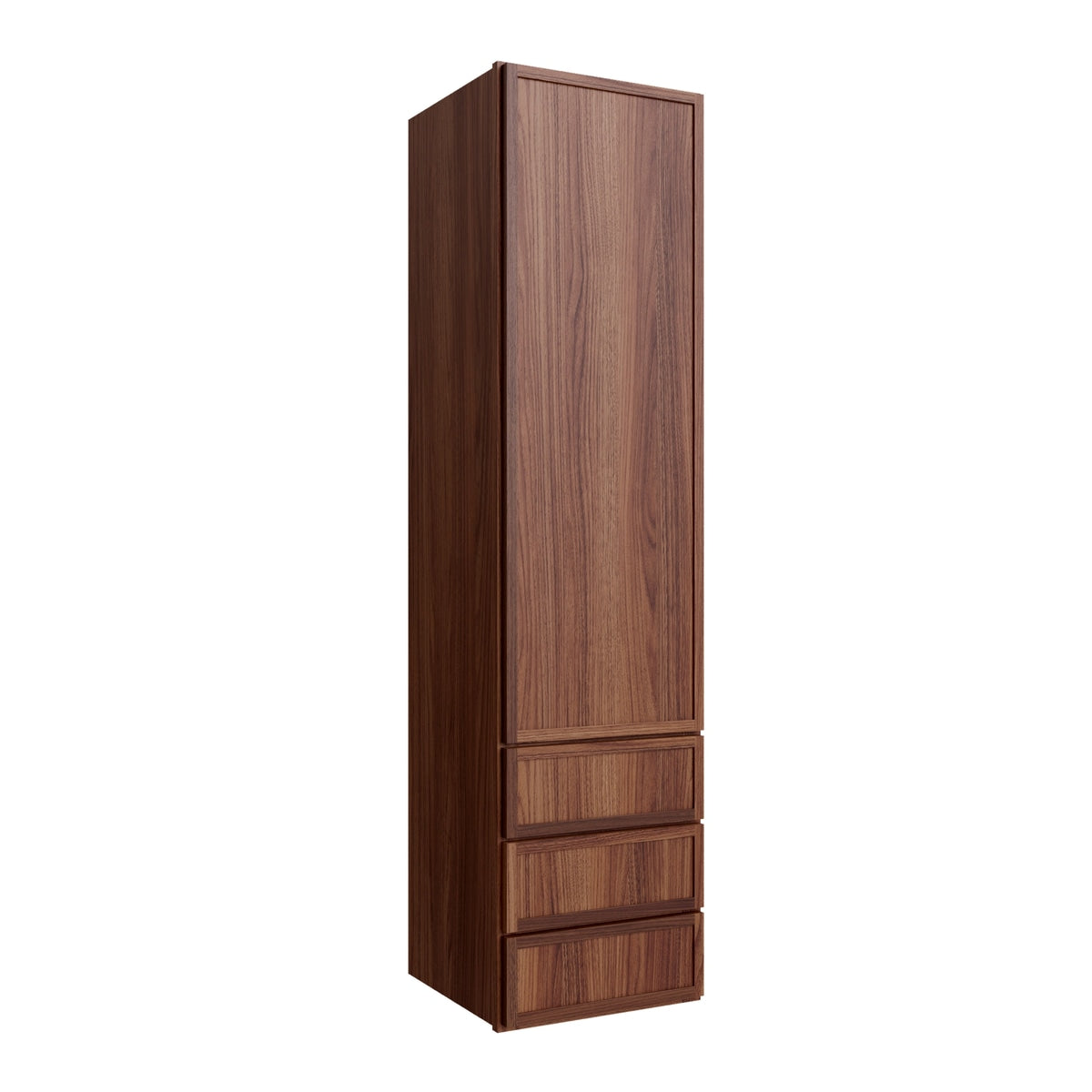 Studio Walnut wall tower with three drawers, 15" W x 48" H x 15" D, ViaWood Cabinets item DWR1548