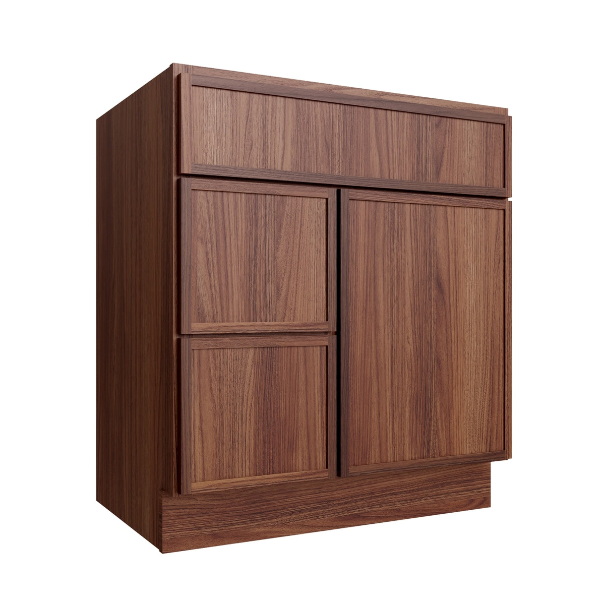 Studio Walnut vanity sink base - left configuration, 30" W x 34.5" H x 21" D, ViaWood Cabinets item VSBDL30
