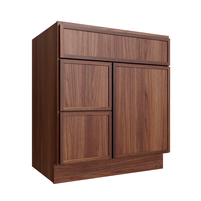 Studio Walnut vanity sink base - left configuration, 30" W x 34.5" H x 21" D, ViaWood Cabinets item VSBDL30