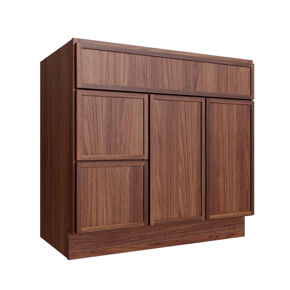 Studio Walnut vanity sink base - left configuration, 36" W x 34.5" H x 21" D, ViaWood Cabinets item VSBDL36