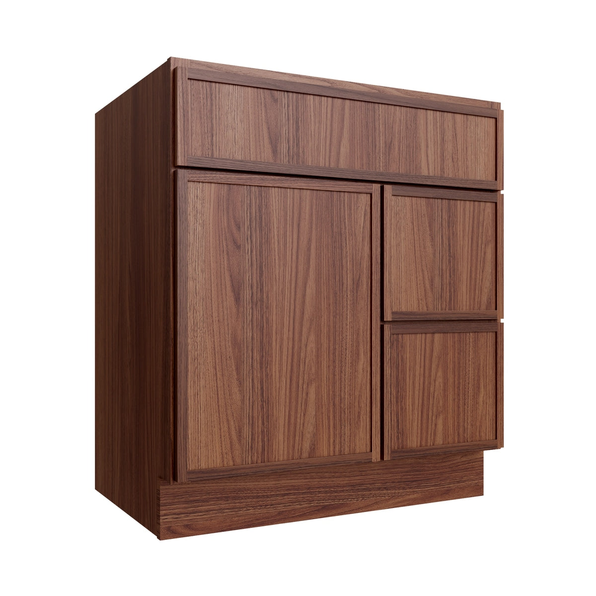 Studio Walnut vanity sink base - right configuration, 30" W x 34.5" H x 21" D, ViaWood Cabinets item VSBDR30