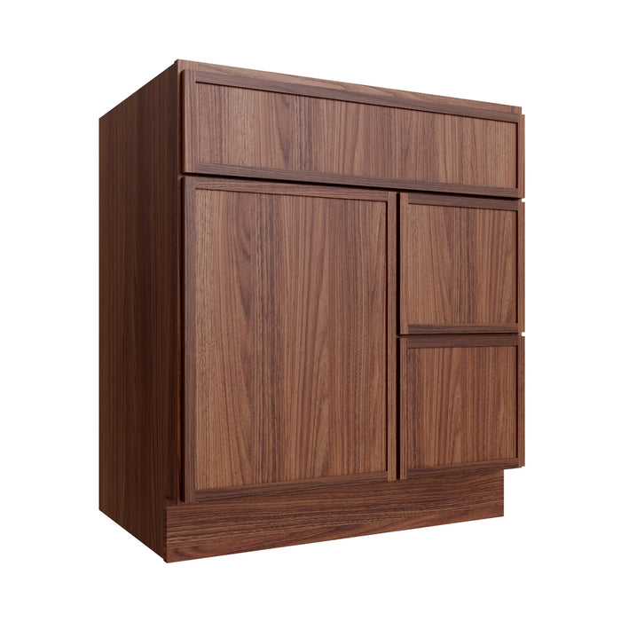 Studio Walnut vanity sink base - right configuration, 30" W x 34.5" H x 21" D, ViaWood Cabinets item VSBDR30