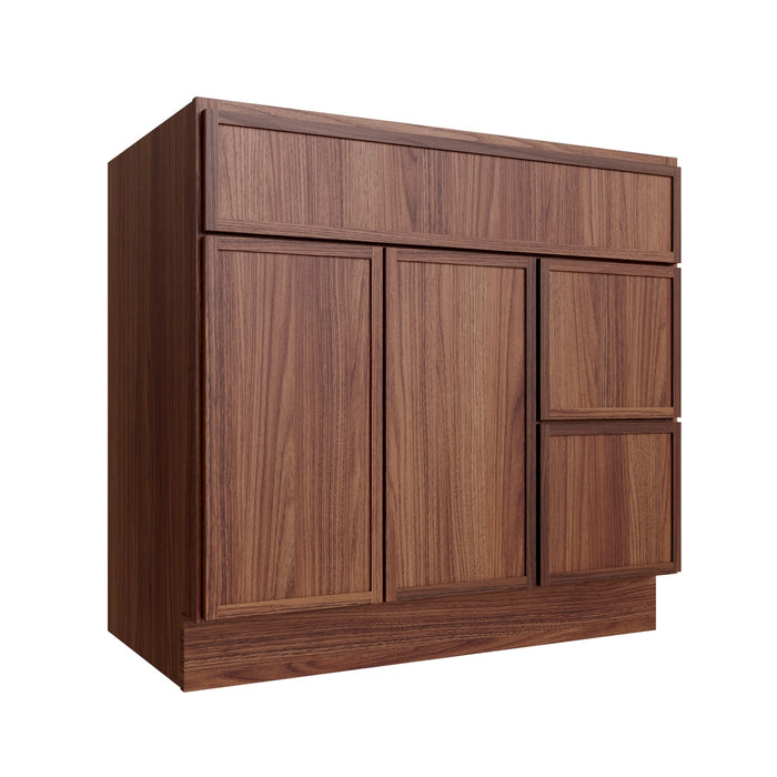 Studio Walnut vanity sink base - right configuration, 36" W x 34.5" H x 21" D, ViaWood Cabinets item VSBDR36