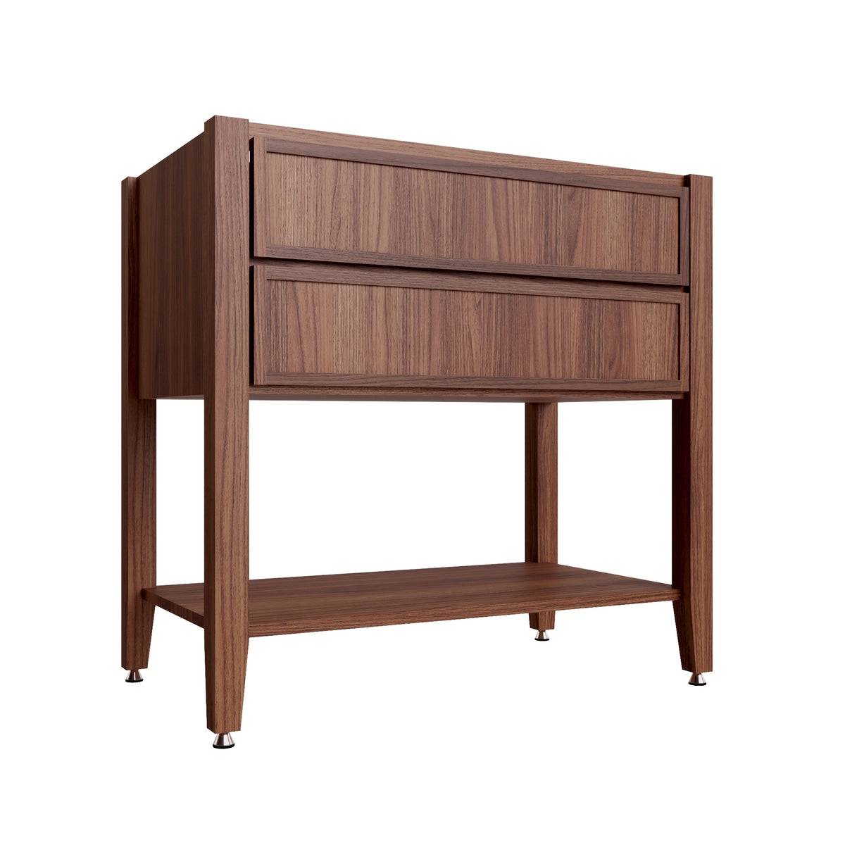Studio Walnut open shelf vanity sink base, 36" W x 34.5" H x 21" D, ViaWood Cabinets item VSBOS36