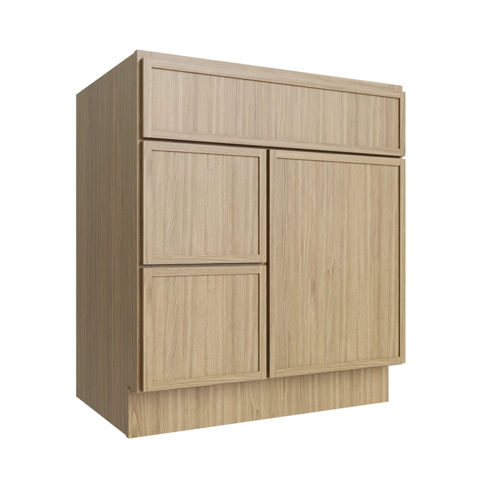 Studio Oak vanity sink base - left configuration, 30" W x 34.5" H x 21" D, ViaWood Cabinets item VSBDL30