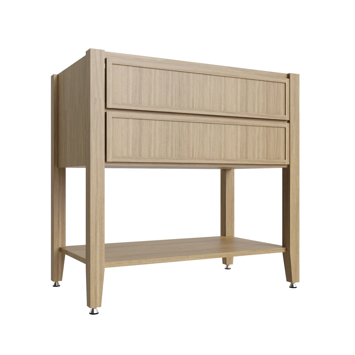Studio Oak open shelf vanity sink base, 36" W x 34.5" H x 21" D, ViaWood Cabinets item VSBOS36