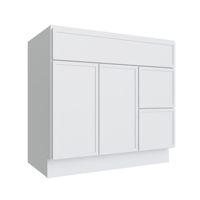 Studio White vanity sink base - right configuration, 36" W x 34.5" H x 21" D, ViaWood Cabinets item VSBDR36