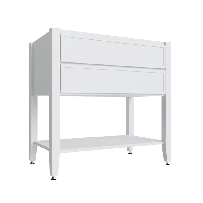 Studio White open shelf vanity sink base, 36" W x 34.5" H x 21" D, ViaWood Cabinets item VSBOS36