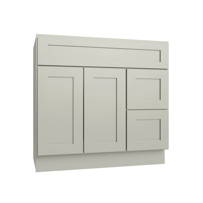 Shaker Sage vanity sink base - right configuration, 36" W x 34.5" H x 21" D, ViaWood Cabinets item VSBDR36