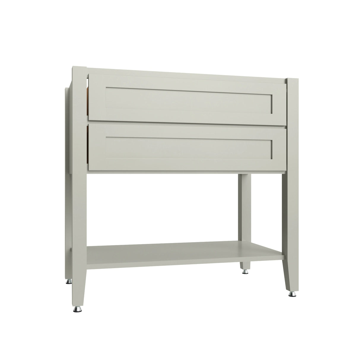 Shaker Sage open shelf vanity sink base, 36" W x 34.5" H x 21" D, ViaWood Cabinets item VSBOS36