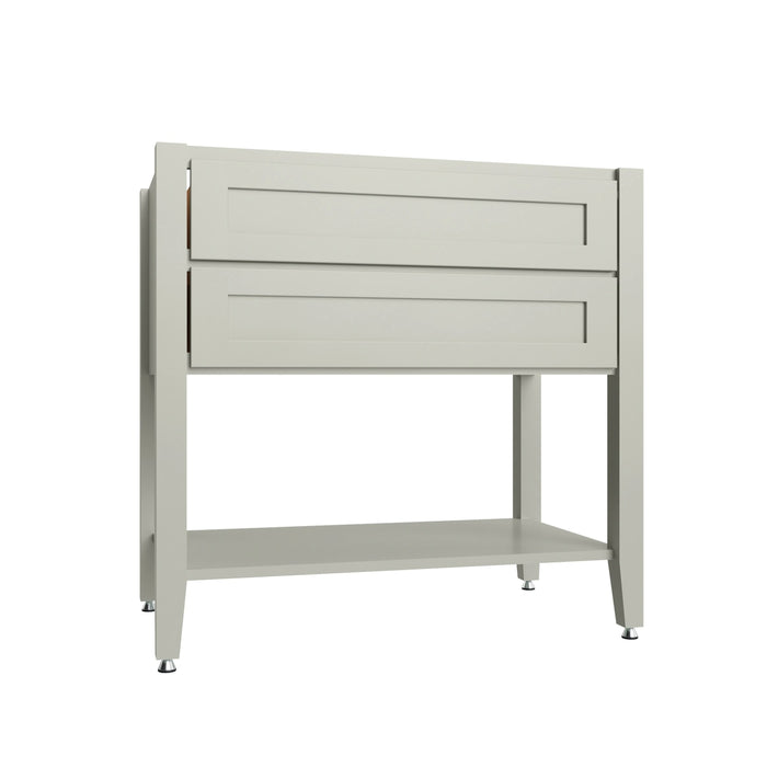 Shaker Sage open shelf vanity sink base, 36" W x 34.5" H x 21" D, ViaWood Cabinets item VSBOS36