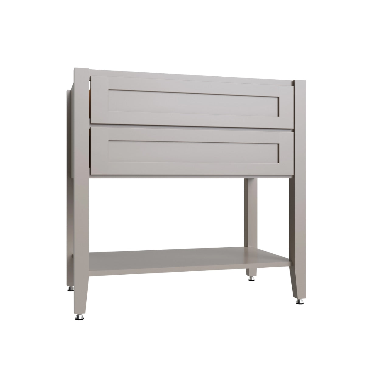 Shaker Dune open shelf vanity sink base, 36" W x 34.5" H x 21" D, ViaWood Cabinets item VSBOS36