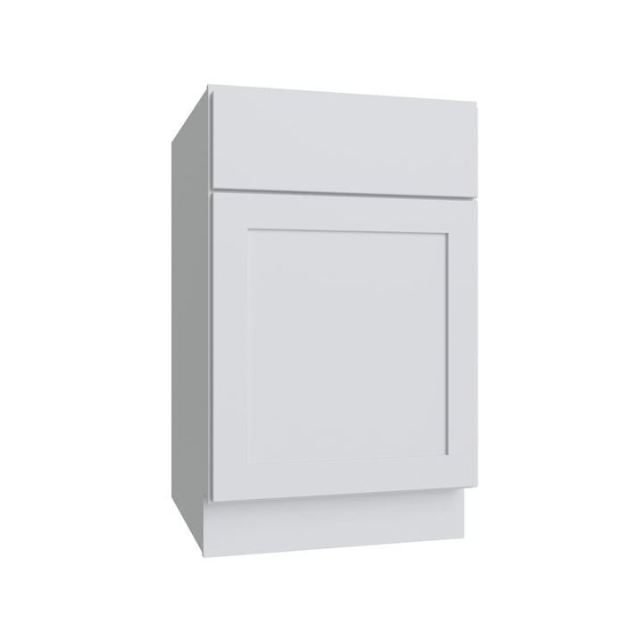 Slab White single door vanity base, 12" W x 34.5" H x 21" D, ViaWood Cabinets item VB12