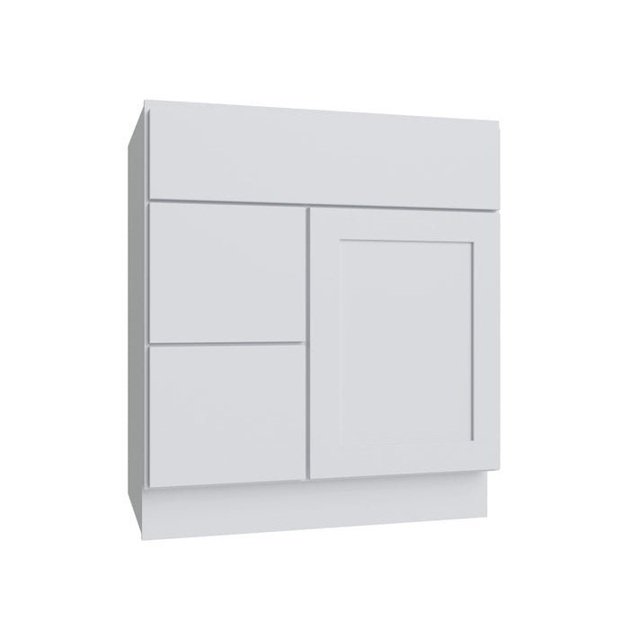 Slab White vanity sink base - left configuration, 30" W x 34.5" H x 21" D, ViaWood Cabinets item VSBDL30