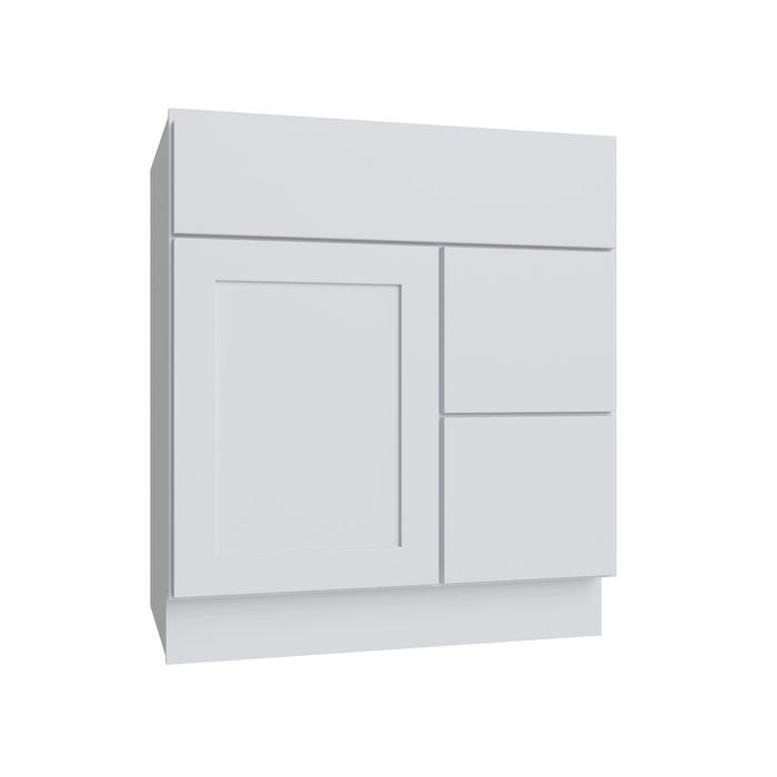 Slab White vanity sink base - right configuration, 30" W x 34.5" H x 21" D, ViaWood Cabinets item VSBDR30