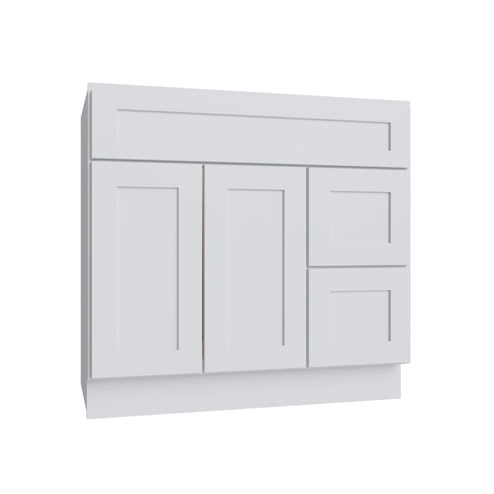 Shaker White vanity sink base - right configuration, 36" W x 34.5" H x 21" D, ViaWood Cabinets item VSBDR36