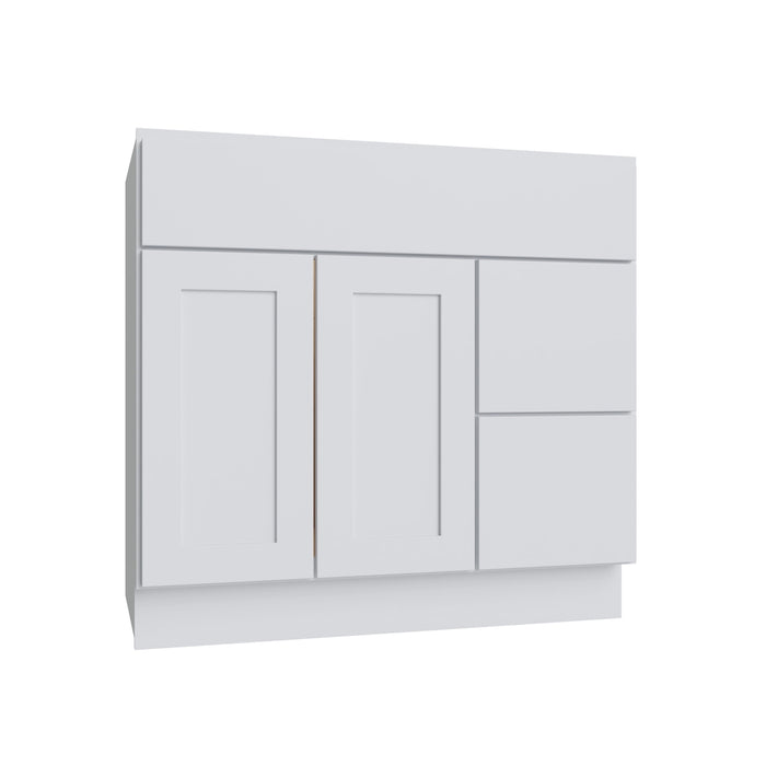 Slab White vanity sink base - right configuration, 36" W x 34.5" H x 21" D, ViaWood Cabinets item VSBDR36