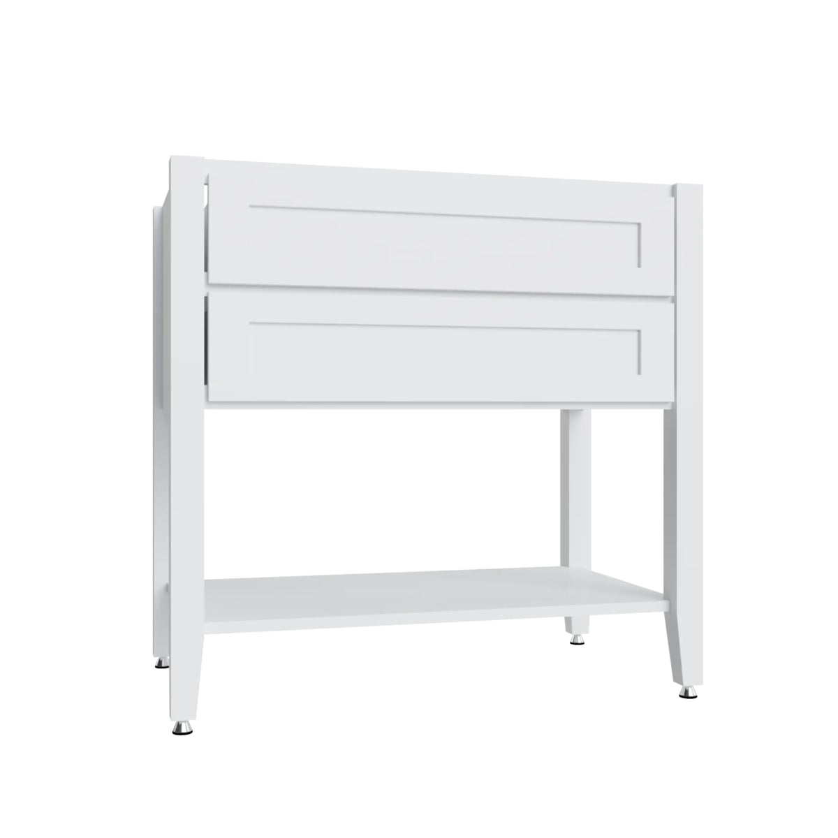 Shaker White open shelf vanity sink base, 36" W x 34.5" H x 21" D, ViaWood Cabinets item VSBOS36